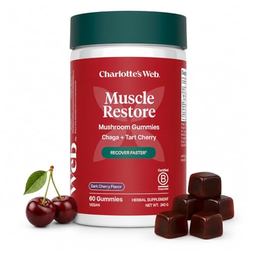 Charlottes Web Muscle Restore Mushroom Gummies for Adults Chaga & Tart Cherry Supplement for Muscle Recovery and Fatigue Vegan Kosher Non-GMO (Dark Cherry Flavor 30 Servings)
