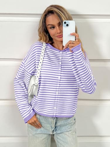 Image of Saodimallsu Womens Striped Cardigan Casual Long Sleeve Open Front Button Down Loose Knit Lightweight Fall Sweaters