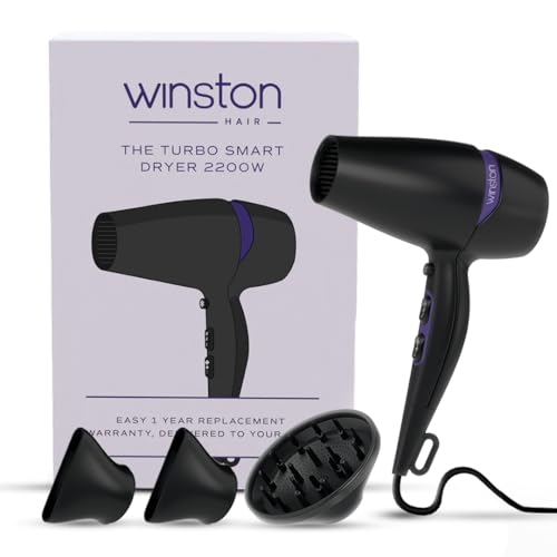 Winston Turbo Smart Hair Dryer 2200W for Men and Women with Diffuser & Concentrator, Professional Fast Drying with 2 Speed/ 3 Settings with Cool Shot – All Hair Types – 1 Year Warranty