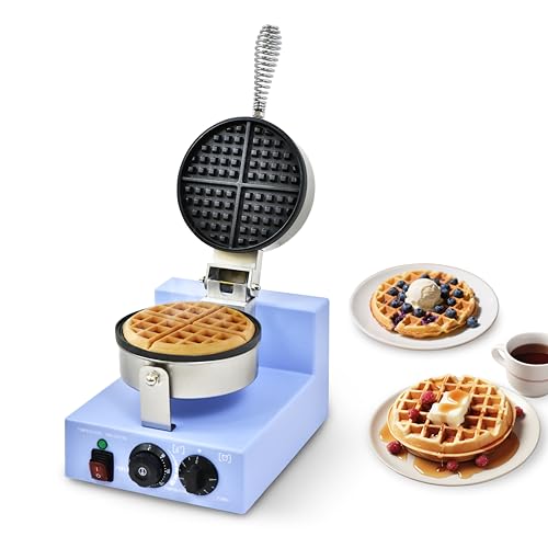 Image of Commercial Waffle Maker, 1200W Round Waffle Iron Machine with Timer & Temp Control, Nonstick Plates, Heat-Resistant Shockproof Non-Conductive Plastic Body (110V, Sky Blue)
