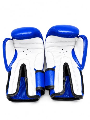 Image of ACE Genuine Leather Boxing Gloves | Adult Training Gloves for Sparring | Shock Absorbing Padding | Secure Wrist Strap | Punching Bag Workout | Blue | 8 oz