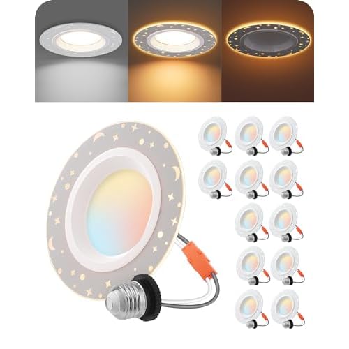 EDISHINE 12 Pack 4 in LED 700LM Recessed LED Ceiling Light Fixtures Dimmable, Can Lights, 5CCT 8W, Star & Moon Style, 2700/3000/3500/4000/5000K 4 Inch