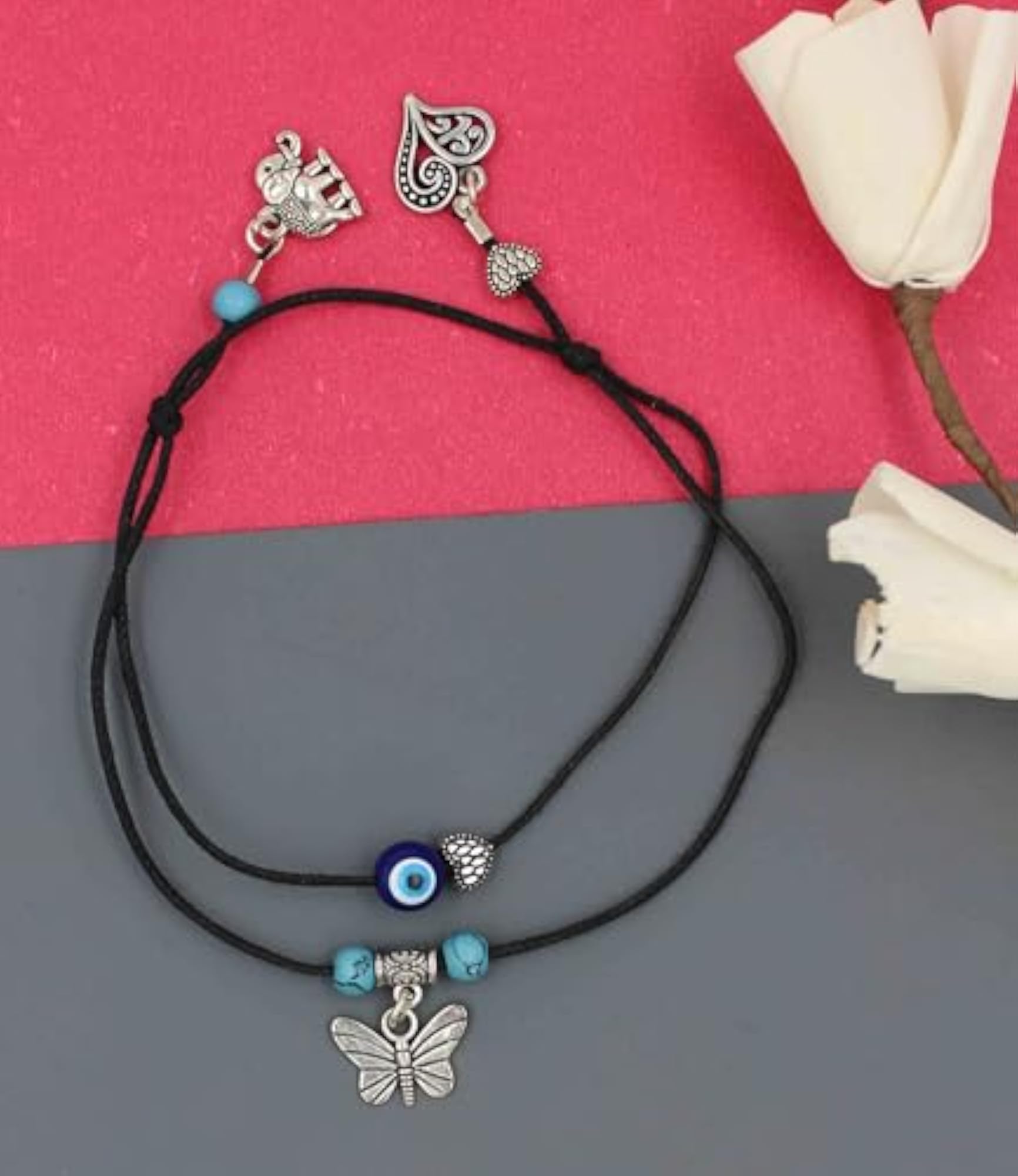 Women's Thread Anklet with Evil Eye & Oxidised Beads, Nazariya Style