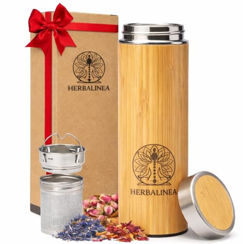 HERBALINEA Botella Térmica de Bambú 450 ml con Infusor de Té – Termo Acero Inoxidable 18/8 Aislado al Vacío – Mantiene Frío 12 h y Caliente 24 h – Botella Ecológica para Té, Café y Agua
