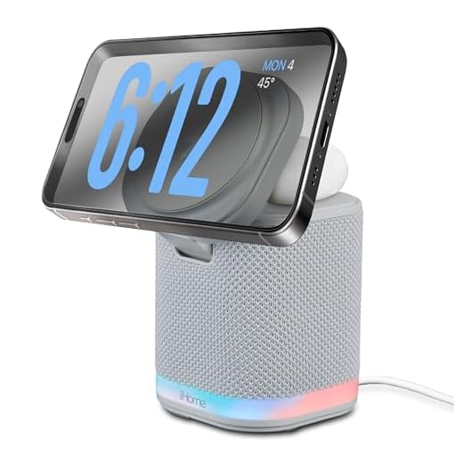 iHome Bluetooth Speaker with Wireless Charger, Charging Station with Color Changing Night Light - Gray (iPBT50G)