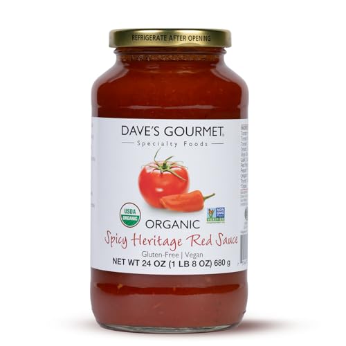 Dave's Gourmet Organic Spicy Heritage Red Pasta Sauce - Zesty & Rich Tomato Chili Blend - Marinara Sauce - Ideal for Pasta, Pizza, Sausage & More - Vegan & Gluten Free - 24oz Jar (Pack of 1)