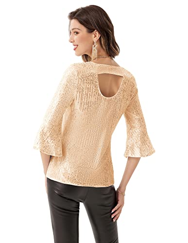 Women Sparkle Glitter Sequin Tops 3/4 Sleeve V-Neck Shiny Blouse Tunic Gold 2Xl #TOP3