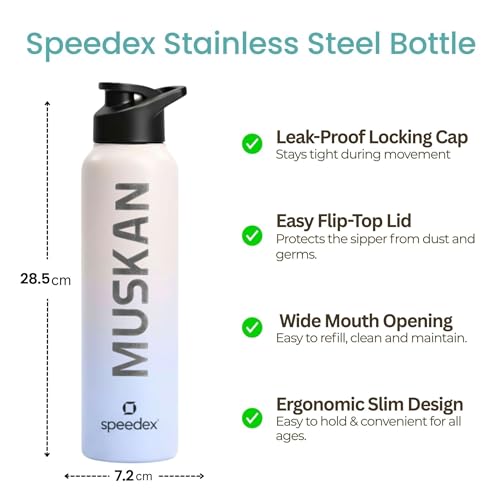 Image of Speedex Engraved Name Stainless Steel Sipper Water Bottle 1 Ltr - Customised Personalised Bottle for Kids & Adults, School, Gym, Sports, Black, Set of 1 (Pink Blue, Set Of 1)