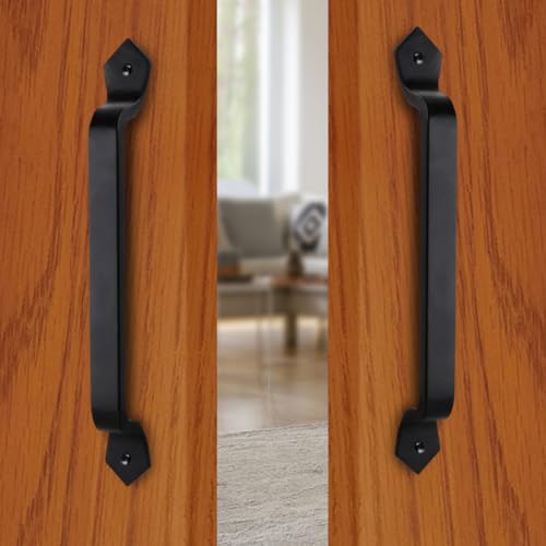Image of 2-Pack 9 Inch Diamond Curved Barn Door Handle - Black Cast Iron Pull for Sliding Doors, Gates, Sheds, Fences, Closets - Indoor Outdoor Farmhouse Hardware