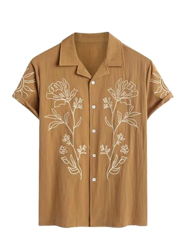 Men's Shirt Floral Embroidery Lapel Short Sleeve Shirt Casual Tops
