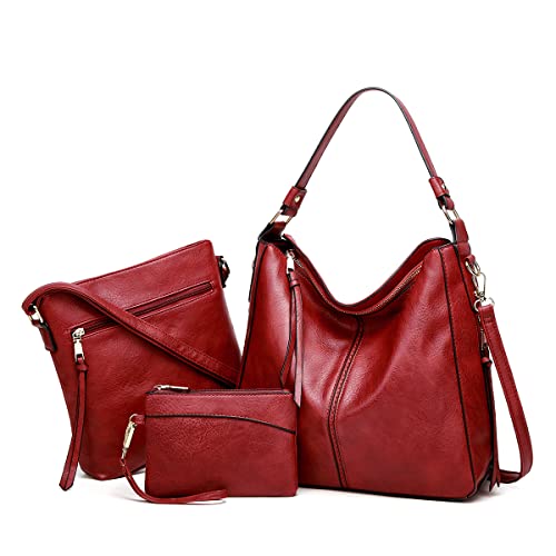 Pahajim Sac à Main Femmes Bandoulière PU Cuir Ensemble 3 Pièces et Portefeuille Sac Cabas Femme Grand Format Sacs Hobo pour Cours,Travail,Voyage(Rouge)