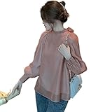 [blue beryl] [ブルーベリル] ブラウス レディース バックリボン シフォン フレア パフスリーブ 長袖 立ち襟 くるみ釦 カフス ピンク BB025-PK-XL