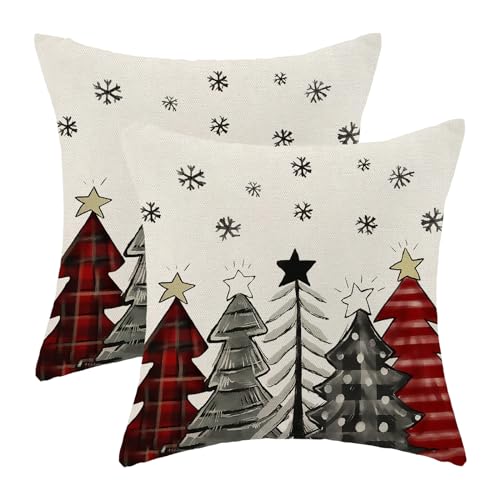 AEIOAE Christmas Pillow Covers 18x18 Inch Set of 2 Colorful Christmas Tree Throw Pillows Case, Stars Holiday Outdoor Decorative Farmhouse Winter Snowflake Decor Cushion Covers for Home Sofa Bed Couch