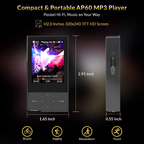 Image of HIDIZS AP60 aa€¦ Bluetooth MP3 Player Digital Audio Player HiFi Lossless Music Player Hi-Res Audio Player with SD Card Slot,Support Up to 256GB (Black)