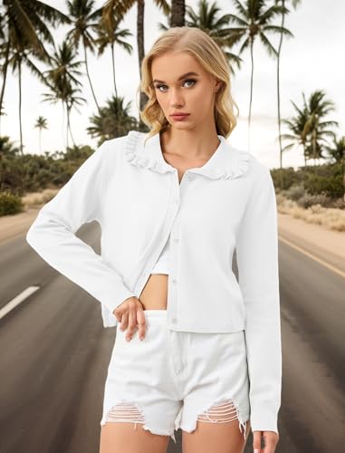 Image of Ythomm Womens Ruffle Collar Cropped Cardigans Button Down Open Front Long Sleeve Knit Sweater Jackets Casual Solid Fall Tops