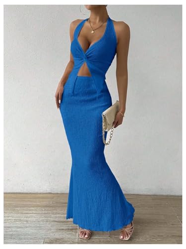 Image of SOLY HUX Women's Two Piece Outfits Twist Front Halter Cami Tops and Skirt Summer Set