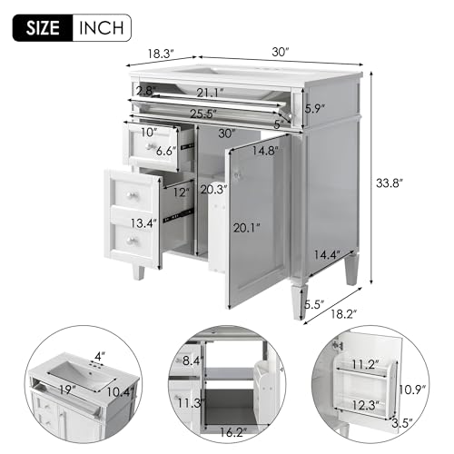 Image of Favfurish 30-Inch Bathroom Vanity with Ceramic Sink and 3 Drawers & Soft Closing Door,Wood Water-Resistant Freestanding Storage Cabinet w /Adjustable Shelves & Overflow for Small Space Bathroom,White