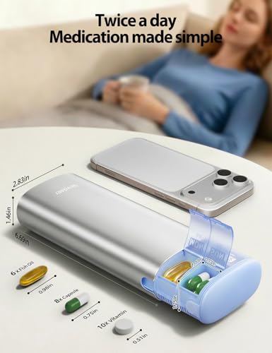 Image of Vaydeer Metal 7 Day Pill Organizer 2 Times a Day - AM PM Weekly Travel Pill Case with Moisture-Proof Desiccant, Airtight Large Capacity Pill Box for Vitamins, Medications & Supplements (Silver)