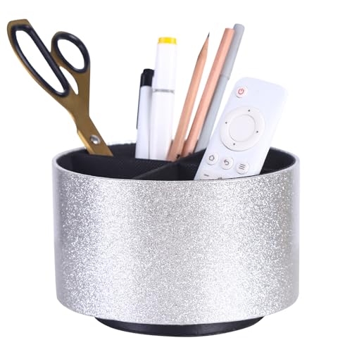 LINKWELL Spinning Caddy, PU Leather 360 Degree Rotating Remote Control Holder for Table with 4 Compartments, Cute Pen Holder Desk Organizer, Bling Silver PH100
