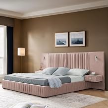 DEINPPA Queen Size Bed Frame with Built-in LED Lights and Nightstands, Chenille Upholstered Platform Bed with Oversized Headboard, No Box Spring Needed-Pink
