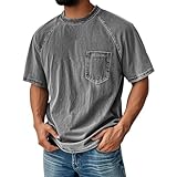 Oversized Tshirts for Men, Mens Shirts,Casual Pocket Short Sleeve T-Shirt Round Neck Vintage Washed Basic Loose Tees Gray