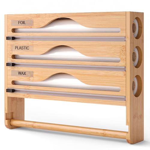 Distributeur Film Alimentaire et Papier Aluminium 3 en 1 – Support Cuisine Bambou avec Coupeur Précis, Porte Sopalin Mural/Tiroir, Rangement Organisé pour...