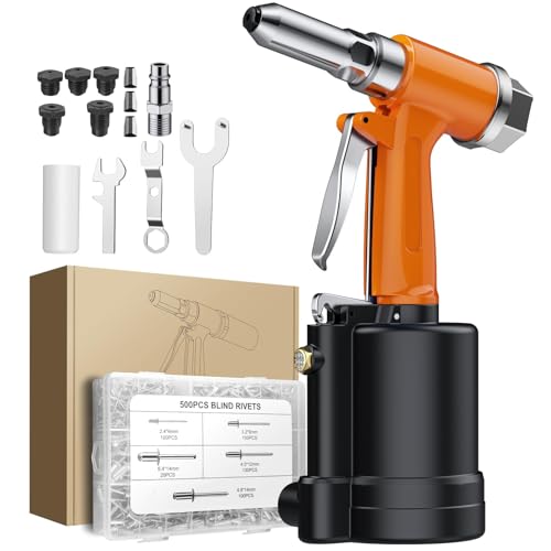 AUTOUTLET Kit de Riveteuse Pneumatique Pistolet à Rivets Aveugles avec 500PCS Rivets 5 Taille 2.4mm(3/32)?3.2mm (1/8)?4mm (5/32)?4.8mm (3/16)?6.4mm (1/4) pour Aluminium Fer Feuilles