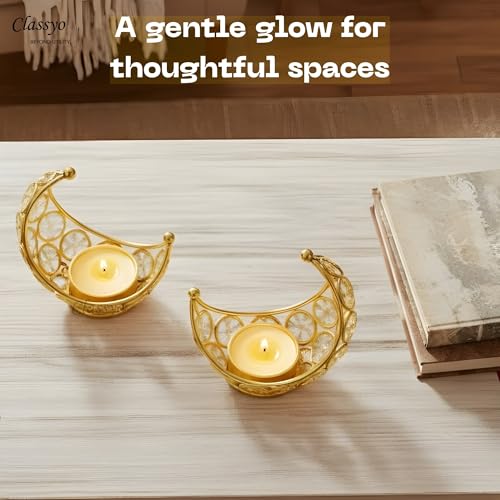 Image of Classyo Moon Shaped Crystal Tea Light Candle Holders (Pack of 2) | Diwali Tealight Candle Holders | Metal Lantern | Tea Light Holders for Diwali, Pooja and Ramadan (Gold)