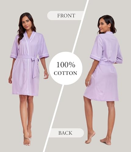 Image of ANLIQI Womens 100% Cotton Robes Lightweight Summer Short Sleeve Lady Bathrobe Knee Length Kimono Robe Sleepwear with Pockets