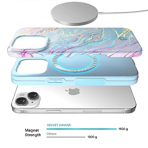 Image of Velvet Caviar Compatible with iPhone 15 Case for Women [10ft Shockproof] Compatible with MagSafe - Cute Magnetic Phone Cover - Protective Microfiber Lining - Holographic Blue Pink Marble