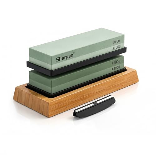 Premium Japanischer Schleifstein Set 400/1000 & 3000/8000 – Profi Messer Schärfer Set aus Weißkorund – Wetzstein mit Bambus-Basis, Anti-Rutsch...