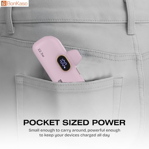 Image of BonKaso 5000mAh Mini Power Bank with Built in Cable, 22.5W PD Fast Charging Pocket Portable Charger, USB Type C Input and Output, Digital LED Display for iPhone and Android, Pink