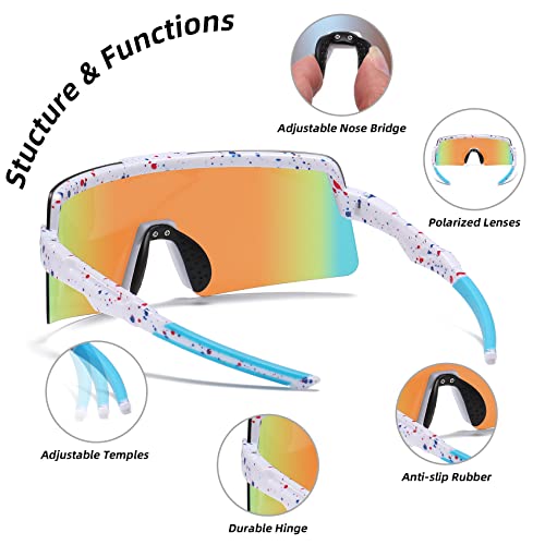 Omekol Polarized Sports Sunglasses Cycling Glasses Uv400 Mountain Bike Goggles Mtb Riding Bicycle Eyewear Men Women Baseball Running Fishing Golf Outdoor - White Frame With Red Blue Dots/Blue Lens #TOP5