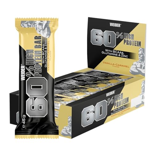 Weider 60% Proteinriegel - Hochproteinhaltiger Riegel mit 27g Protein, wenig Zucker, BCAAs & Zink - Ideal für Muskelwachstum - 24er Pack - Vanilla-Caramel
