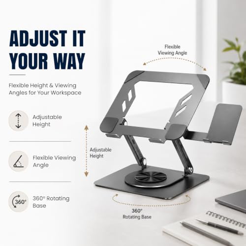 Image of PLIXIO Adjustable Laptop Stand with Phone Stand and 360 Rotating Base Tabletop Ergonomic Foldable Portable Holder Compatible for MacBook, HP, Dell, Lenovo & All Other Notebook (Grey)