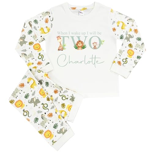 The Baby Box UK Personalised Jungle Pyjamas Girls Boys When I Wake Up I Will Be PJs 1st Birthday (Jungle Sage Safari 1, 1-2 Years) - Image 2