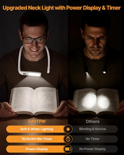Image of Reading Light with Power Display & Timer: Bendable Book Light Eye Caring 3 Color Dimmable Neck Reading Light, Rechargeable 2000mAh Reading Lamp Knitting Crochet Accessories Sewing Craft Light