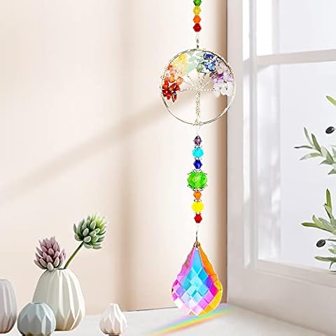 CHMMY Suncatcher Crystal Rainbow Glass Tree of Life Ornaments Hanging Chakra Beads Pendant for windows , Home, Office, Garden Decoration Cover