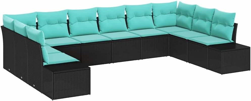 Garden Sofa Set 10 pcs Black and Turquoise Poly Rattan with Comfortable Cushions, Modular Outdoor Sectional Sofa for Patio, Backyard, Poolside Seating, Easy Assembly, Long Lasting Durability