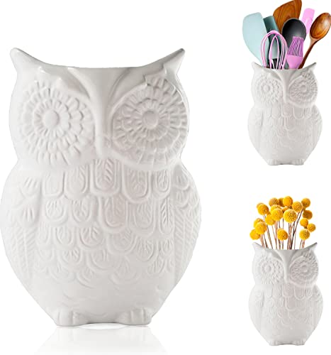 owl pitcher - Comfify Owl Utensil Holder Decorative Ceramic Cookware Crock & Organizer, in Lovely White Color - Utensil Shaped Caddy and Perfect Kitchen Ceramic Décor Gift for Countertop - 5” x 7” x 4” Size