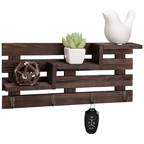 Key Holder for Wall Decorative, Rustic Wood Wall Key Holder with 4 Key Hooks and 3 Shelves, Farmhouse Wall Mount Key Rack, Vintage Key Hangers with Shelf, Perfect Home Decor for Entryway, Hallway