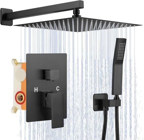 TEKXDD Colonne de Douche Noir Douche Encastrable, Douchette et Carre Pluie 25cm avec Injection d'Air pour Pluie Naturelle