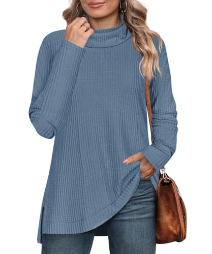 Image of RITERA Women's Plus Size Waffle Tops Long Sleeve Turtleneck Sweater Shirts Knit Tunic Oversized Casual Pullover Blouse XL-5XL