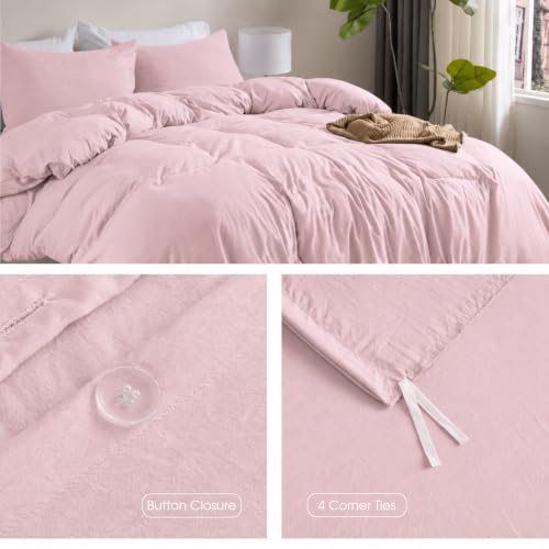 Image of Washed Primrose Pink Duvet Cover Set King Size,2 Pillow Shams, No Comforter | Prewashed Microfiber, Button Closure,4 Corner Ties, Ultra Soft, Cotton-Like, All Seasons, King Duvet Cover 104x90 in