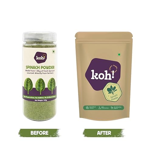 Image of KOH! 100% Natural Spinach Powder | Palak | No Preservatives Or Additives | Rich in Iron | Use in Smoothies I Palak Paneer I Rich in Fibre | Superfoods I Greens I 100g