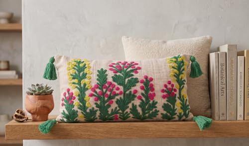 Image of Furnistitchs Boho Rectangle Cushion Cover 12x20 inches | Handmade Decorative Throw Pillow Case | Bohemian Home Decor Sofa Bed Cushion Cover Living Room Bedroom (2, Wildflowers, 12x20 inches)