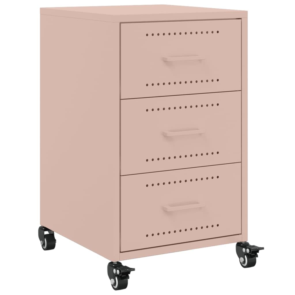 Table de Chevet Rose 36x39x59 cm en Acier avec 3 Tiroirs et 4 Roues
