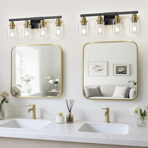 Image of Bathroom Vanity Light, 4-Light Black and Gold Bathroom Light Fixtures with Clear Glass Shade, Bathroom Lighting Fixtures Over Mirror,Bath Black Wall Lights for Mirror Bedroom,Living Room