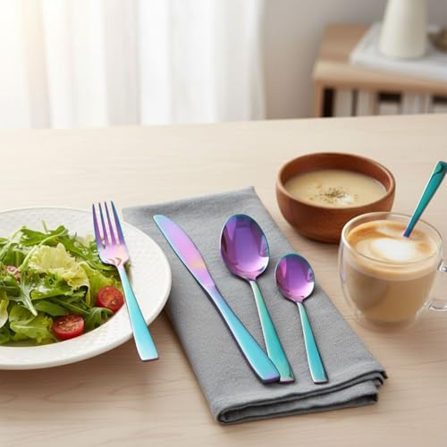 Image of 4 Pcs Rainbow Mirror Polish Stainless Steel Cutlery Set for Dining Table with Spoon and Fork Set & Butterknife - The Perfect Tableware /Flatware