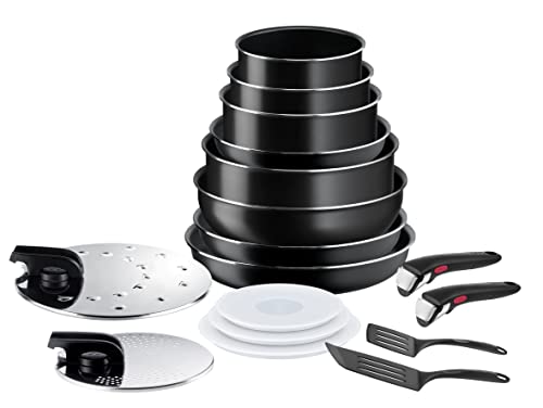 Tefal Ingenio Easy On Batterie de cuisine 17 pièces, Revêtement antiadhésif, Indicateur de démarrage de cuisson, Base de diffusion, Cuisson saine, Cuisson sûre, Fabriqué en France L1599702 Noir